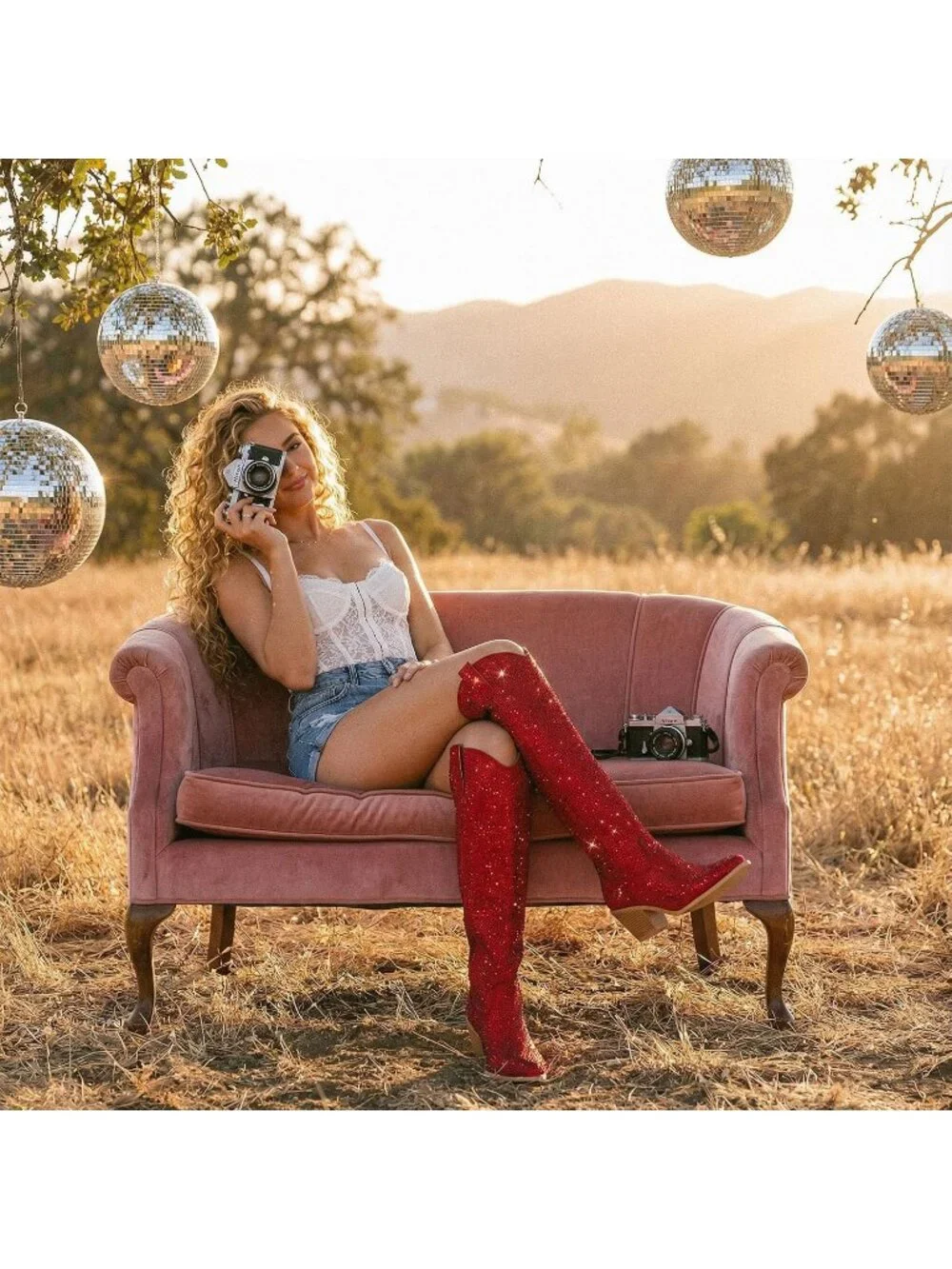 Women's  Red Over Knee Pointed Toe Sparkly Chunky Heel Thigh High Boots